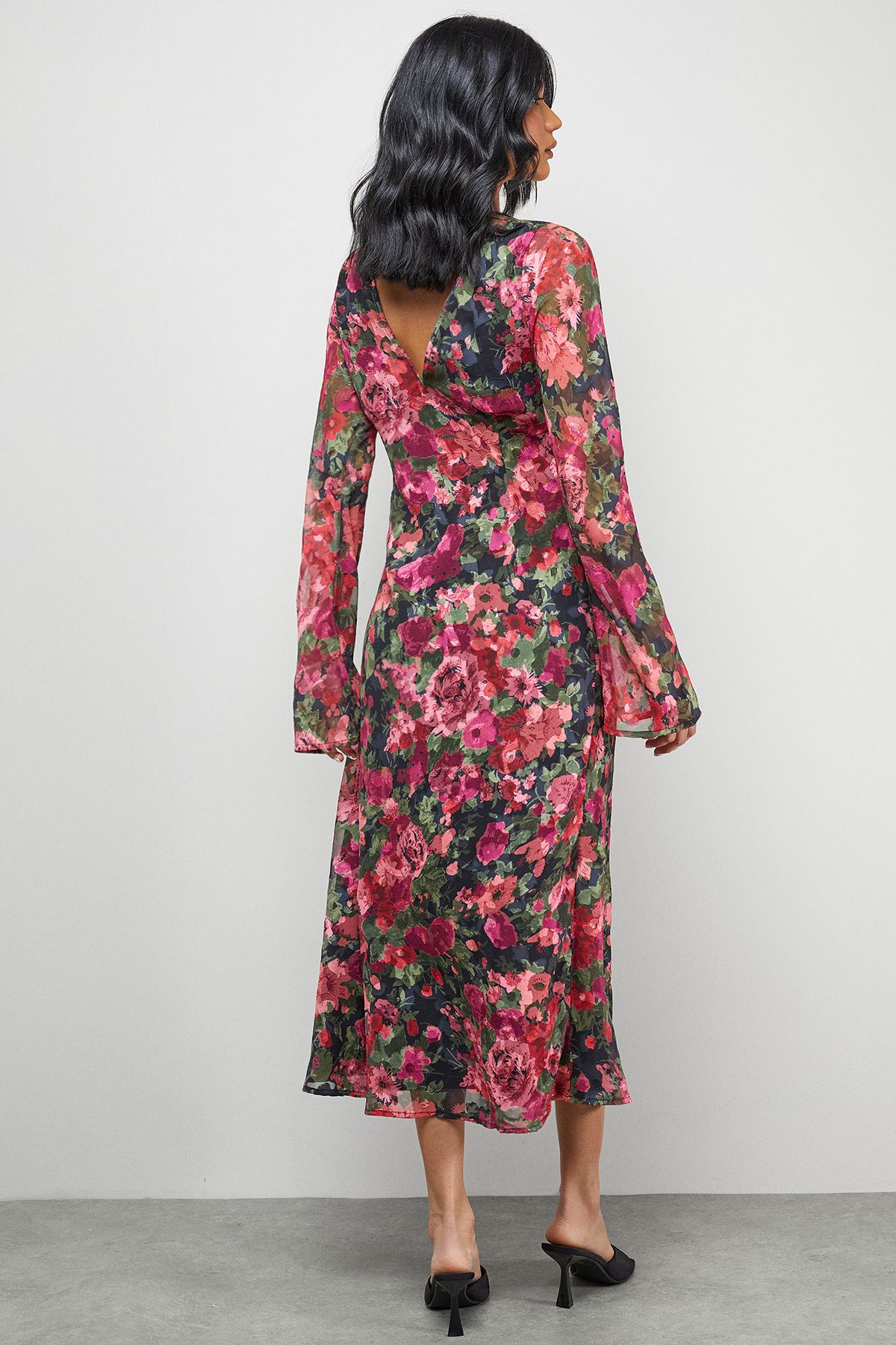 Warehouse Burnout Floral Chiffon Slash Neck Bias Midi Dress Black image 3