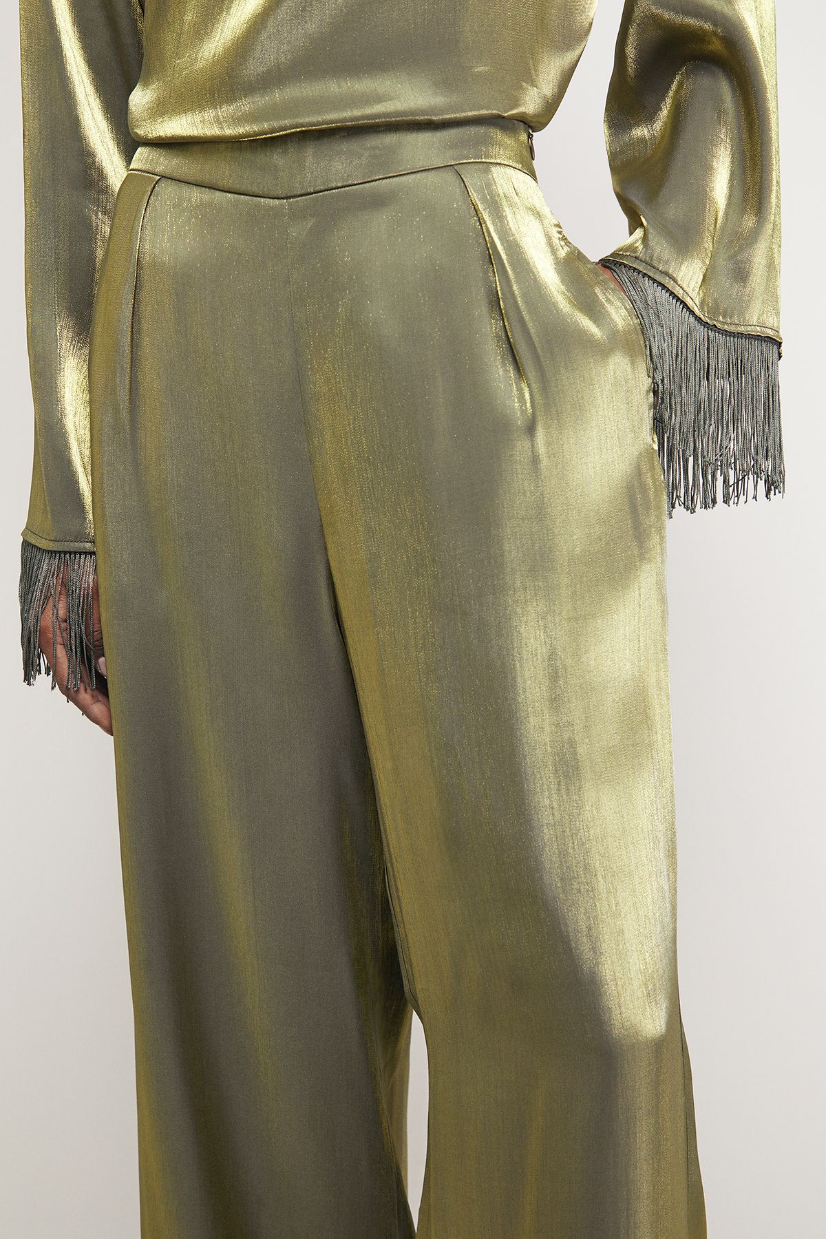 Warehouse Satin Fringe Hem High Waisted Trouser Dark Olive image 4