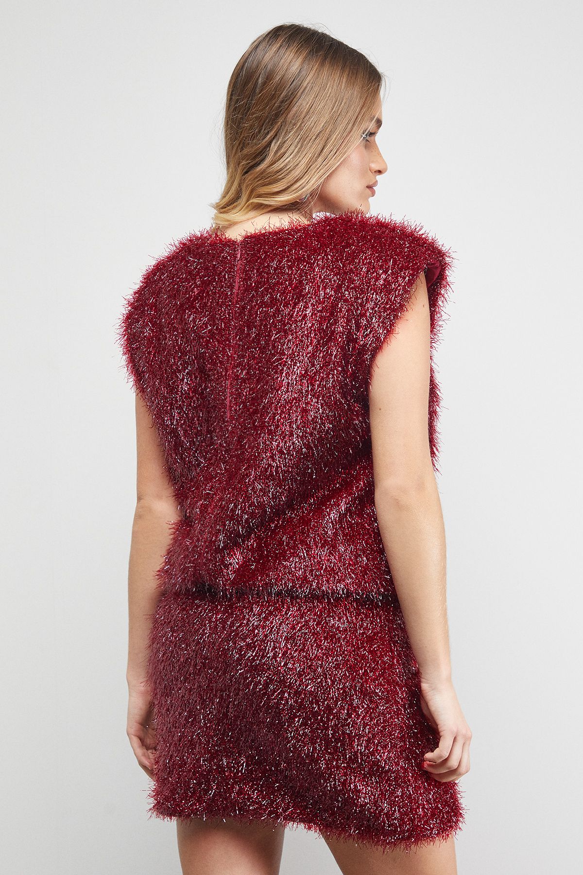 Warehouse Tinsel Fluffy Drop Waist Mini Dress Dark Red image 3