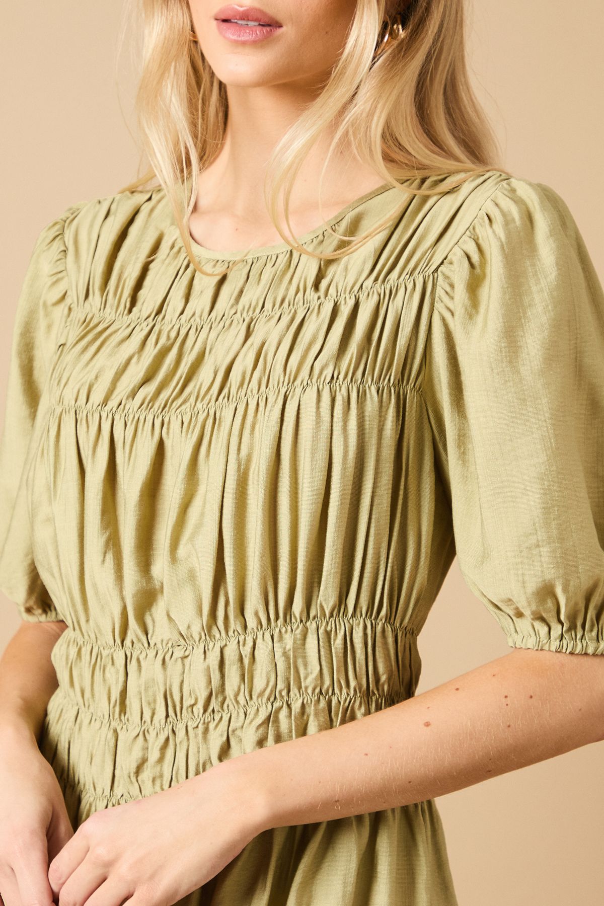 Oasis Shirred Bodice Puff Sleeve Mini Dress Khaki image 4