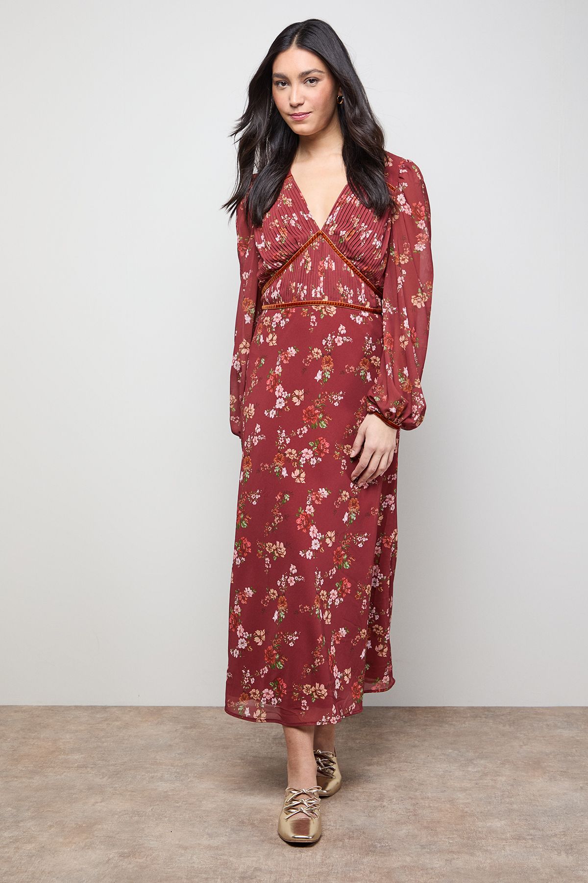 Oasis Printed Pleated Bodice Detail Midi Dress Rust image 1