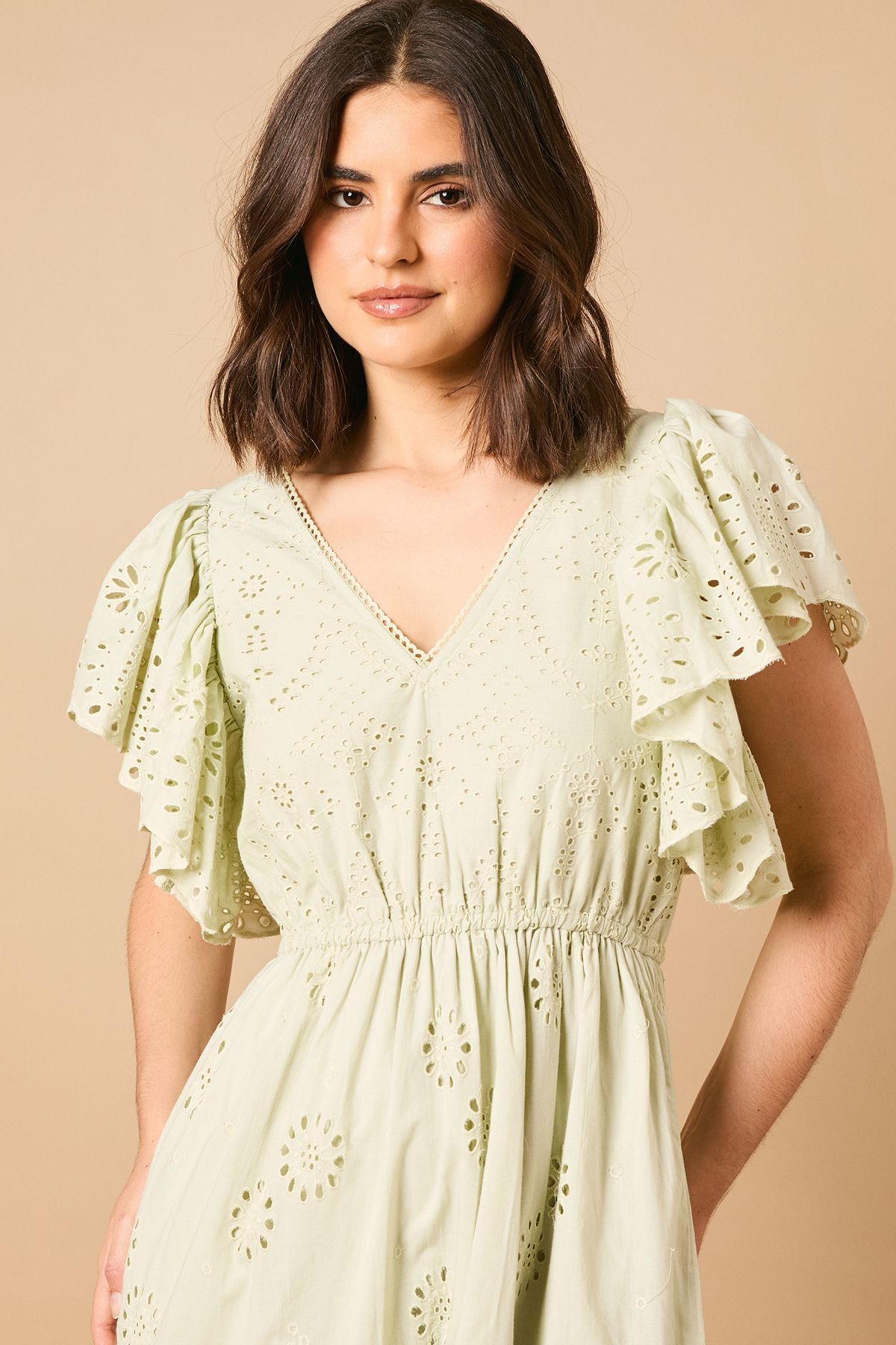 Oasis Broderie V Neck Angel Sleeve Maxi Dress Sage image 3