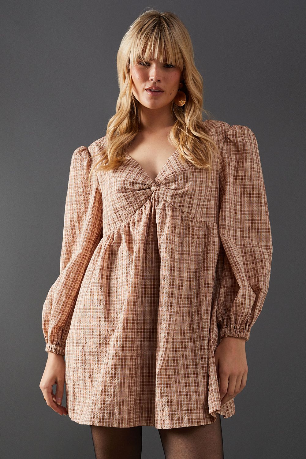 Warehouse Check V Neck Volume Sleeve Mini Dress Orange image 4