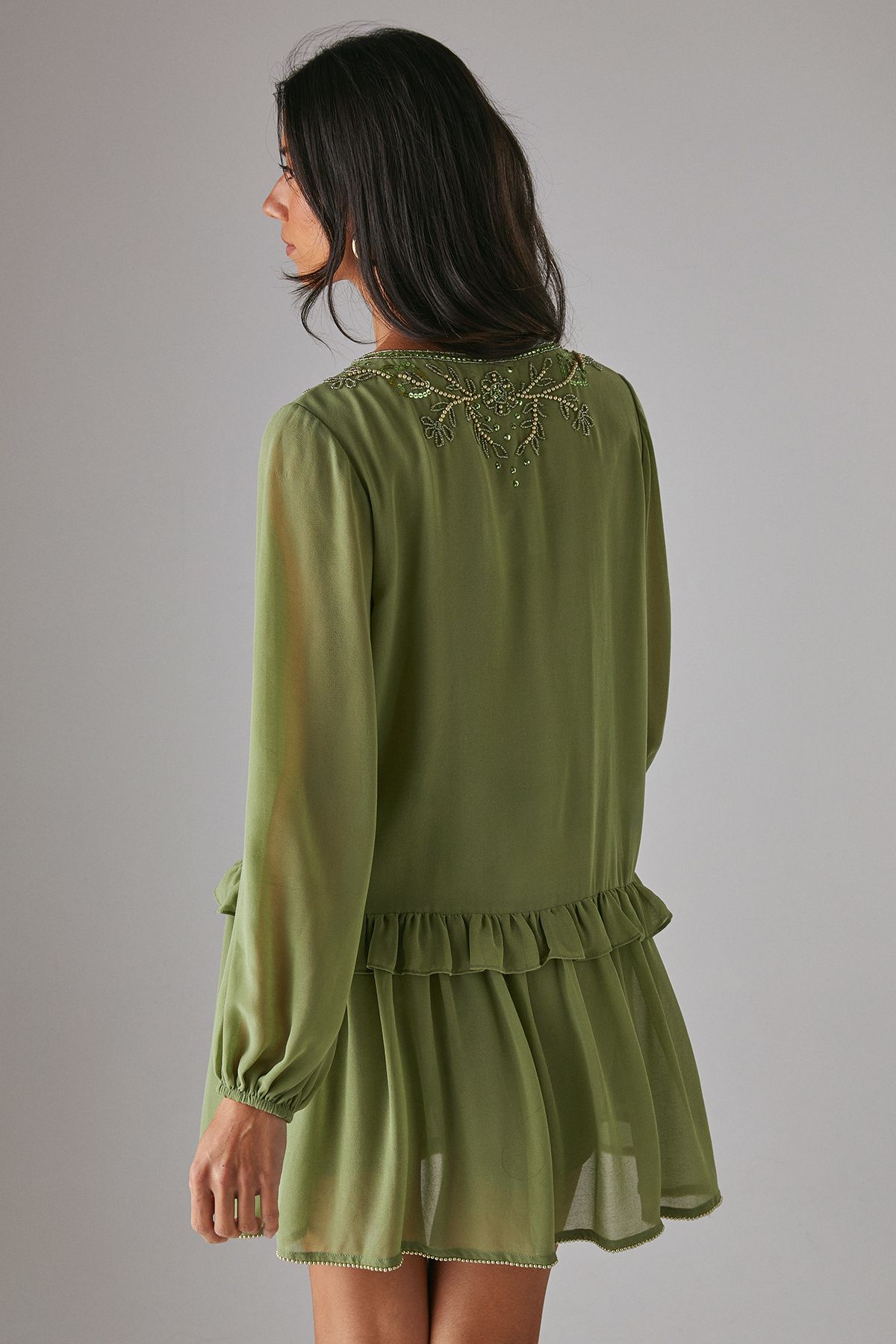 Warehouse Hand Embellished Chiffon Sequin Mini Smock Dress Khaki image 3