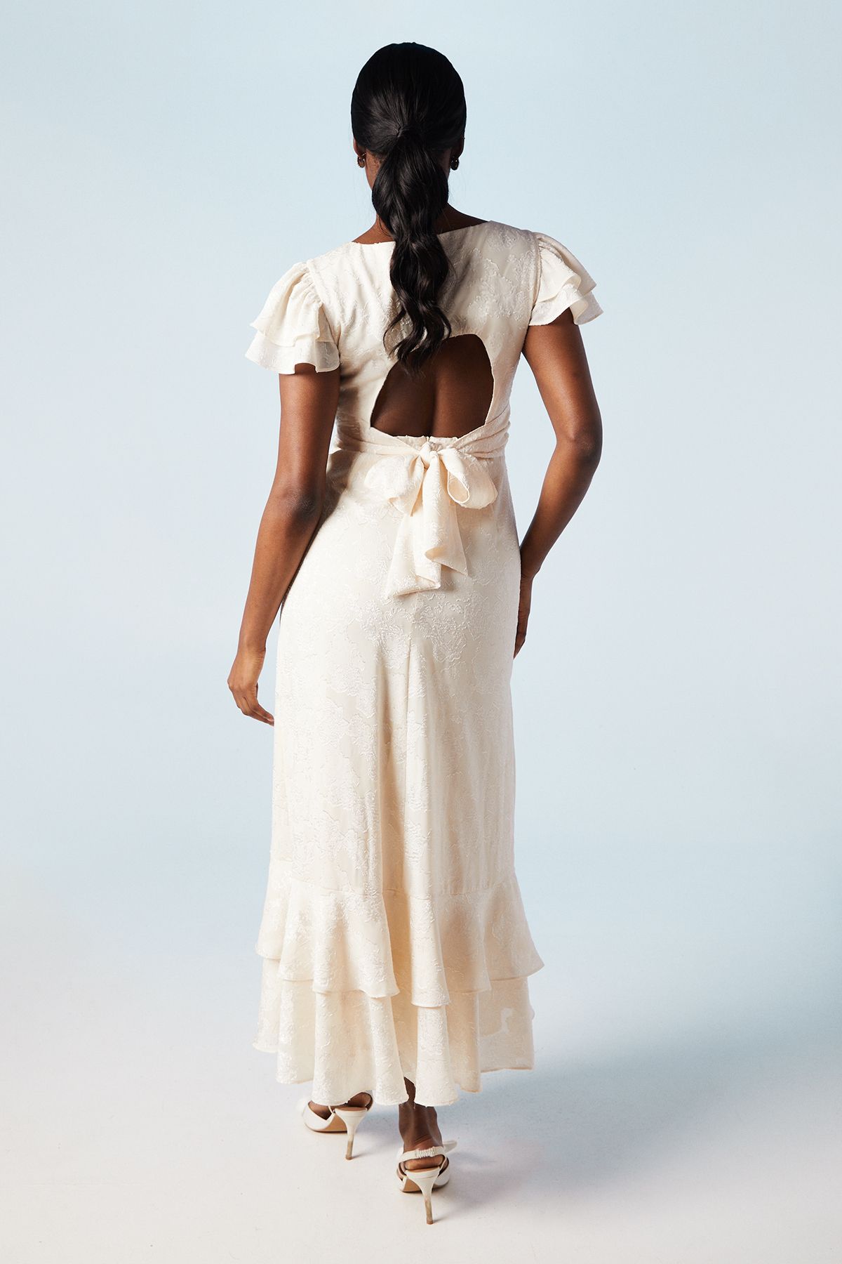 Oasis Satin Jacquard Flutter Sleeve Wedding Maxi Dress Ecru image 3