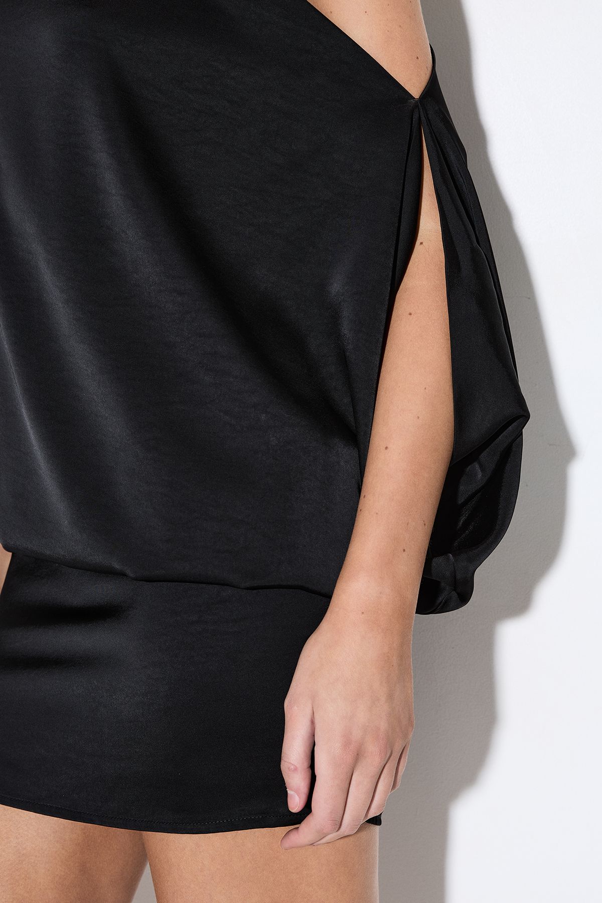 MissPap Satin Off Shoulder Asymmetric Bodycon Mini Dress Black image 4