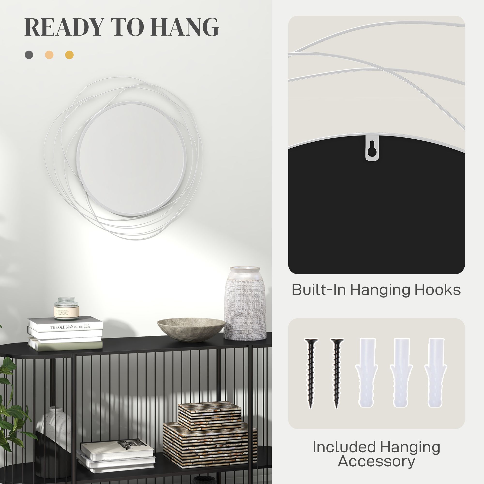 HOMCOM Modern 65cm Round Wall Mirror Decoration Metal Wall Art for Bedroom image 5