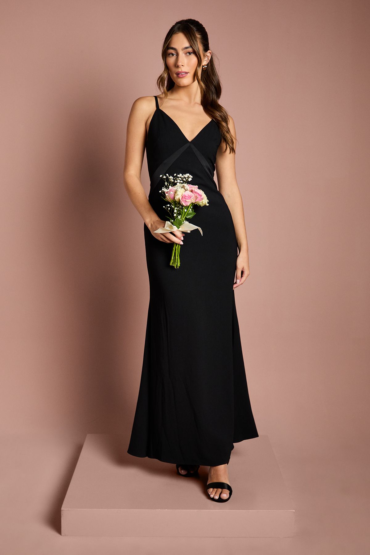Coast Satin Strappy Maxi Bridesmaid Dress with Back Sash Detail Black image 1