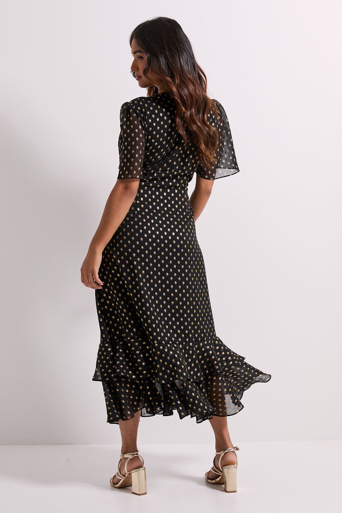 Dorothy Perkins Petite DP Luxe Metallic Spot Chiffon Ruffle Hem Midi Dress Black image 3