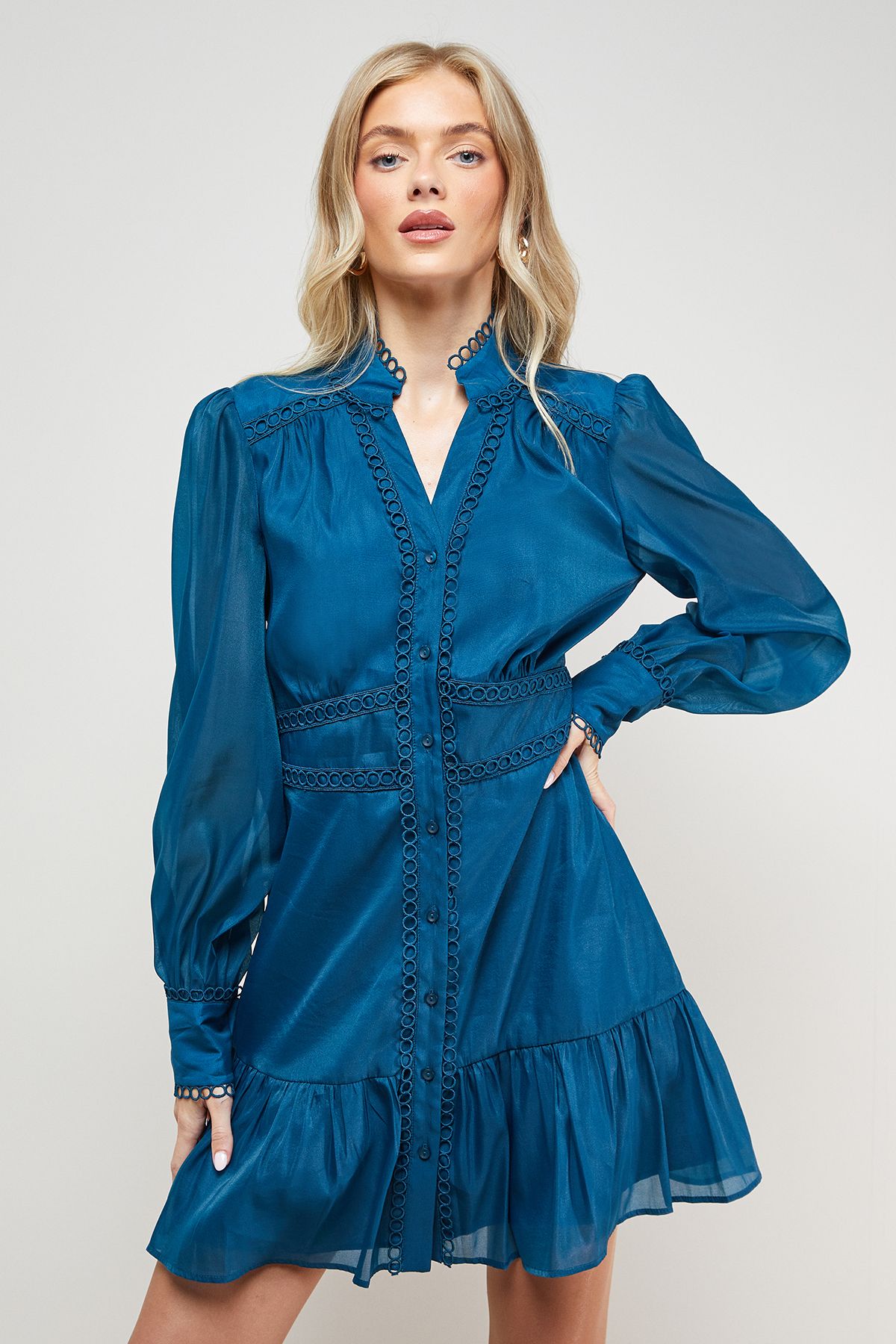 Oasis Organza Lace Trim Shirt Mini Dress Teal image 2