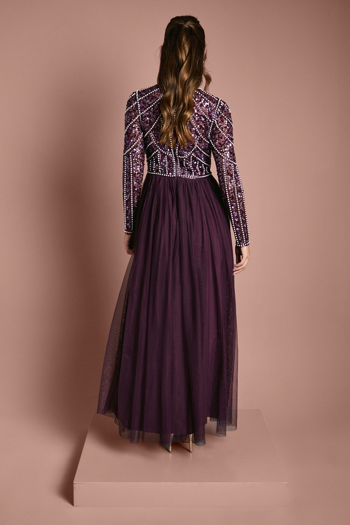 Coast Coast Honoured Long Sleeve Sequin Bodice Tulle Skirt Maxi Bridesmaid Dress Fig image 3