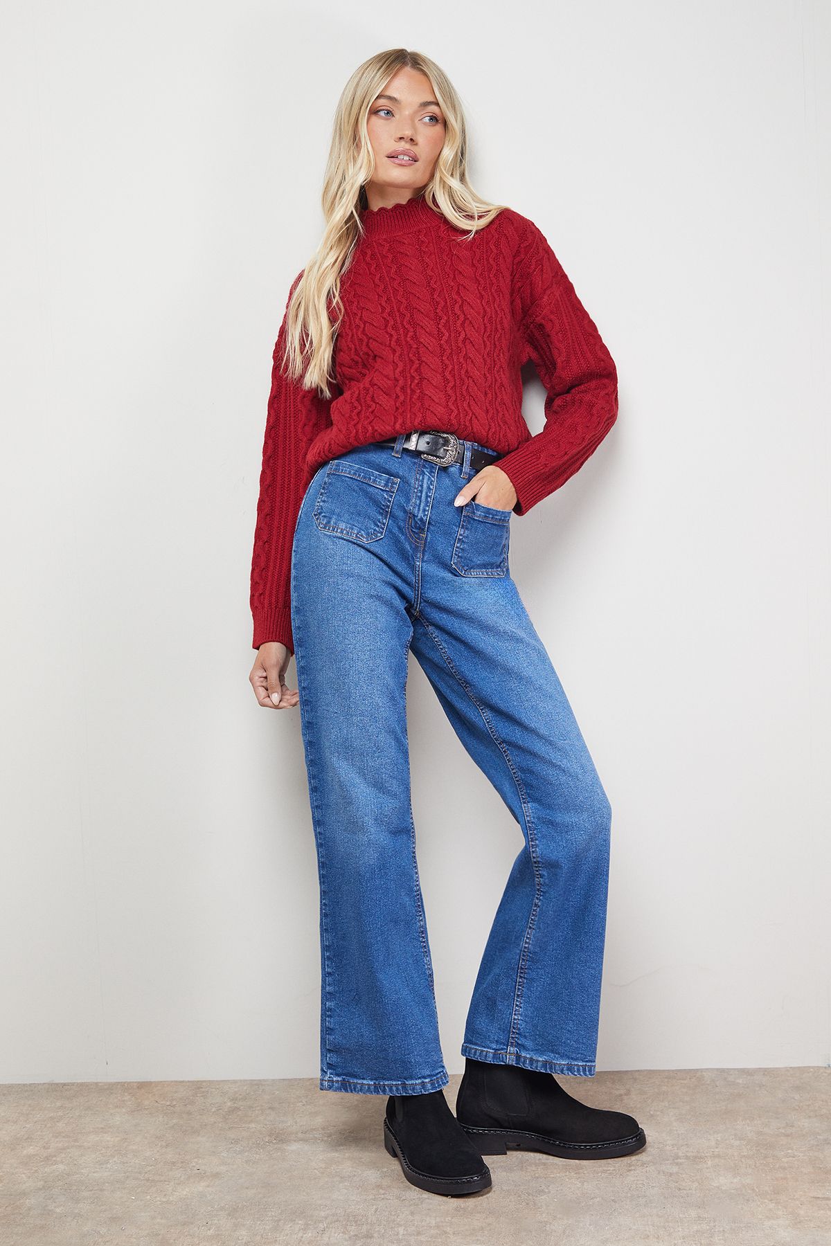 Oasis Wavy Cable Detail Scalloped Neck Jumper Red image 1