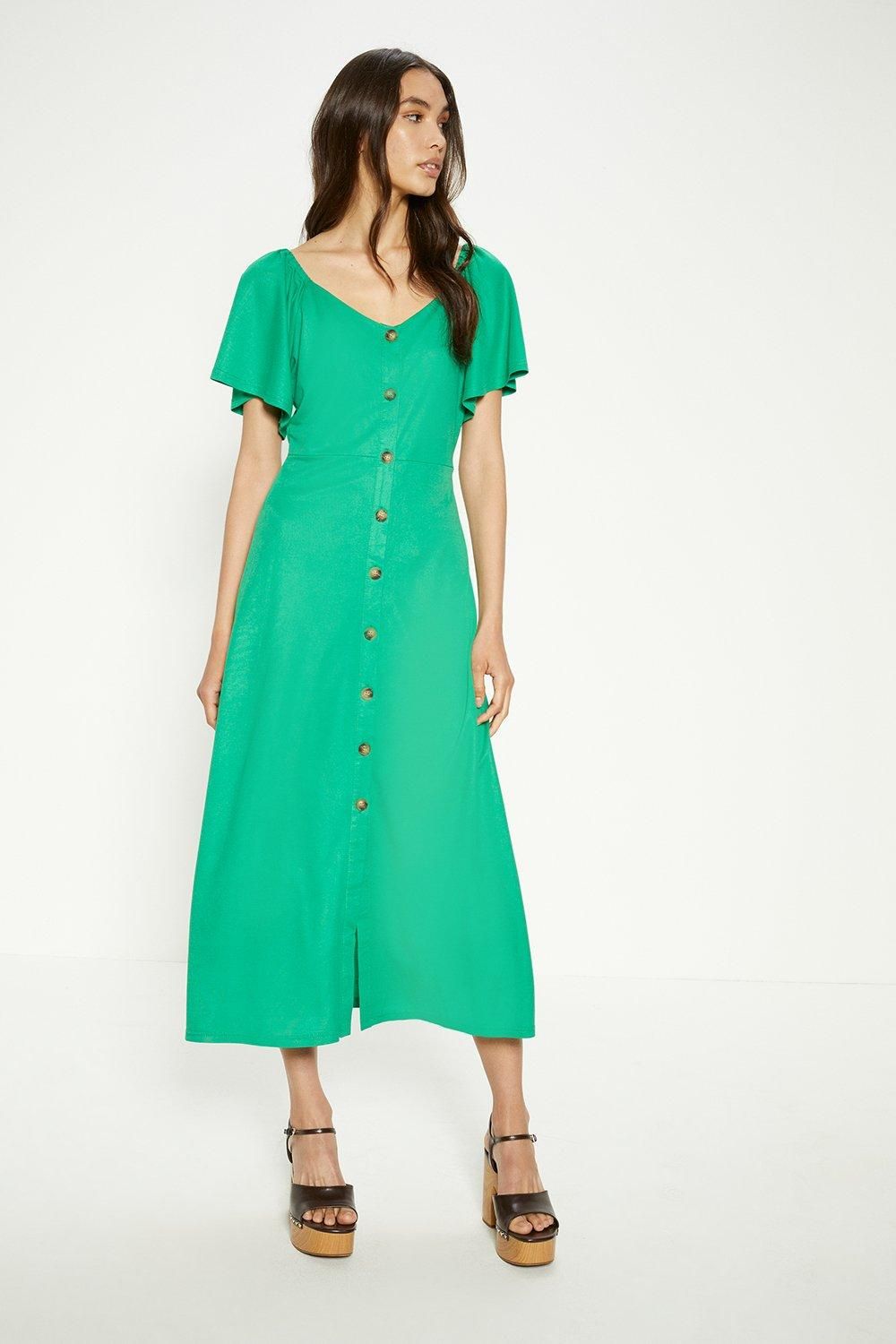Oasis Button Through Pique Angel Sleeve Midi Dress Green