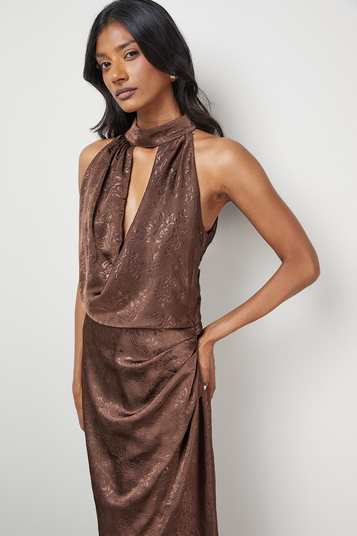 Warehouse Satin Jacquard Halter Keyhole Front Midi Dress Chocolate image 4