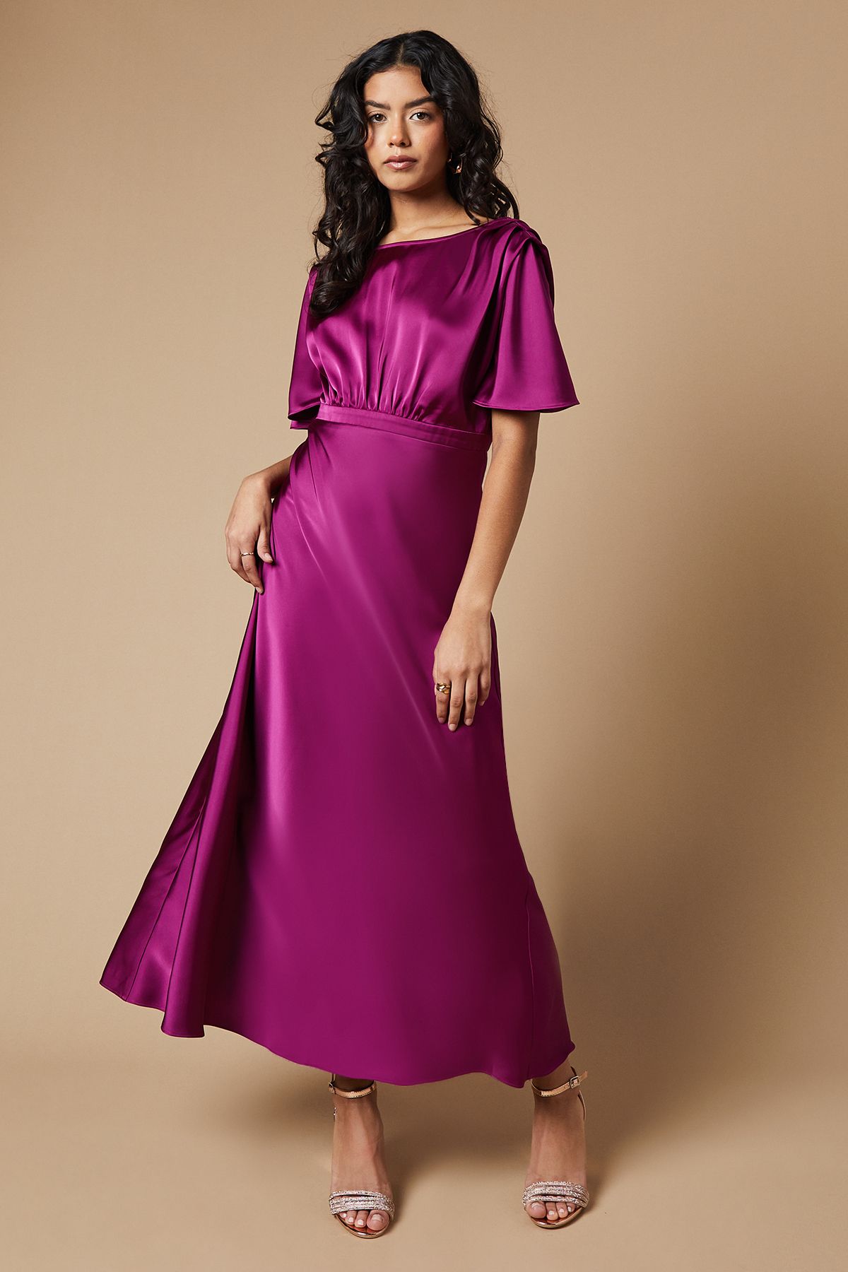 Oasis Petite Occasion Satin Pleat Shoulder Midaxi Dress Raspberry image 1