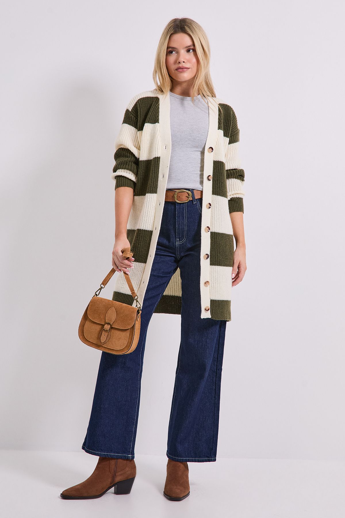 Dorothy Perkins Stripe Button Up Longline Cardigan Ivory