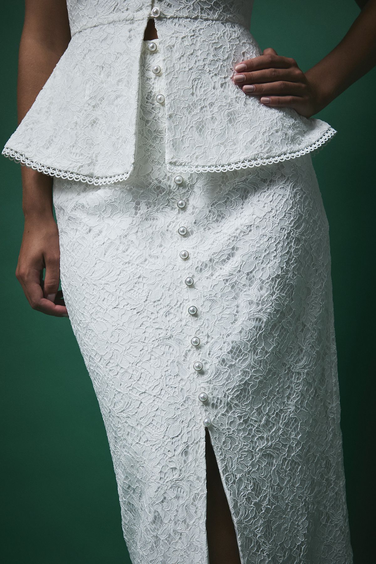 Coast Lisa Tan Textured Sequin Lace Button Through Midi Skirt Ivory image 4