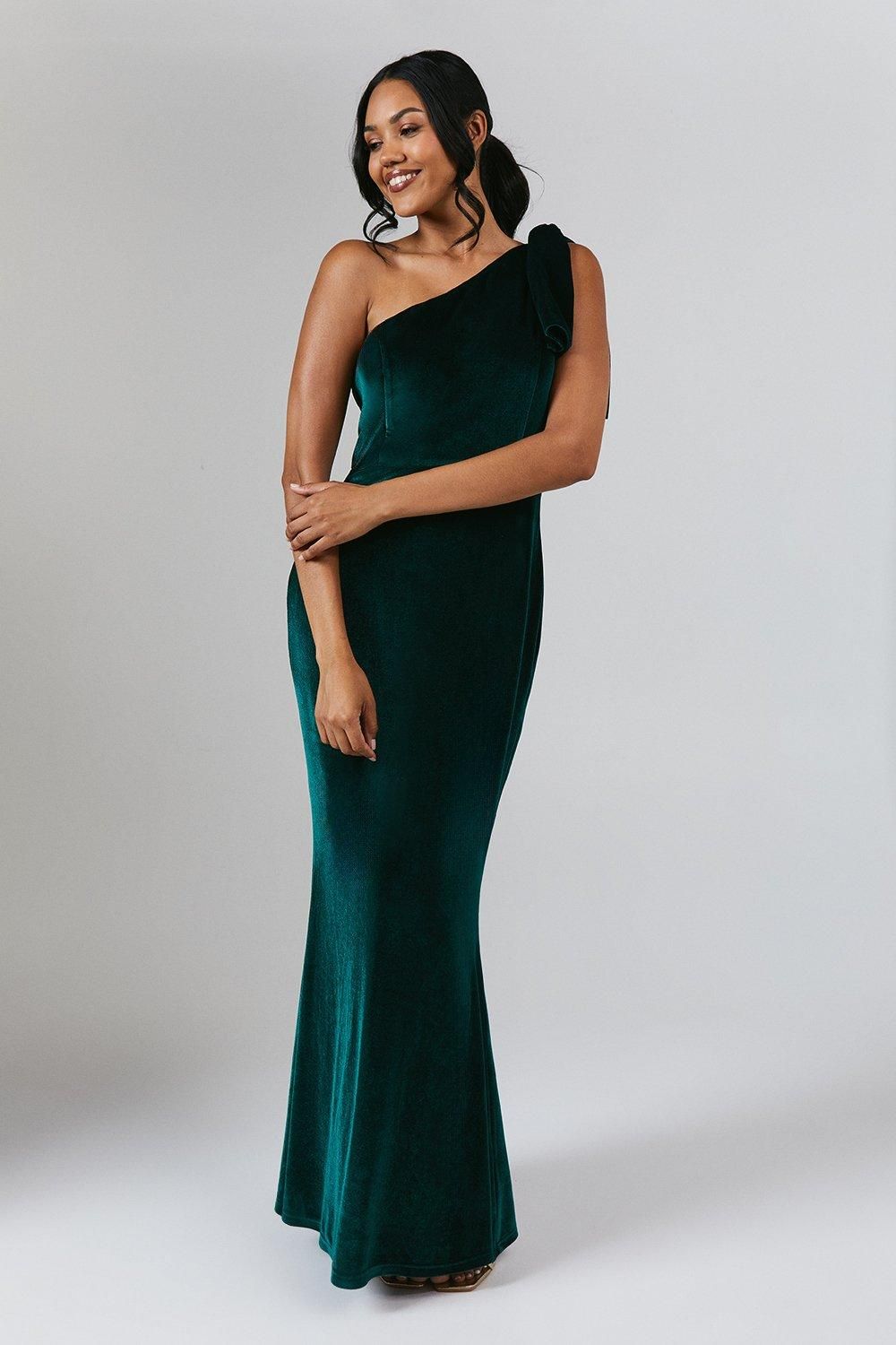 Coast Bow One Shoulder Velvet Bridesmaid Maxi Dress Emerald
