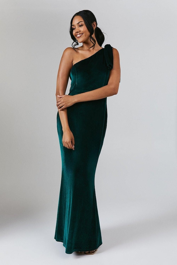 Coast Bow One Shoulder Velvet Bridesmaid Maxi Dress Emerald
