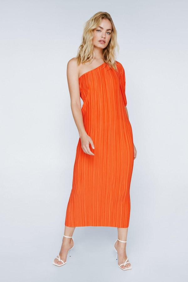NastyGal One Shoulder Plisse Midi Dress Orange