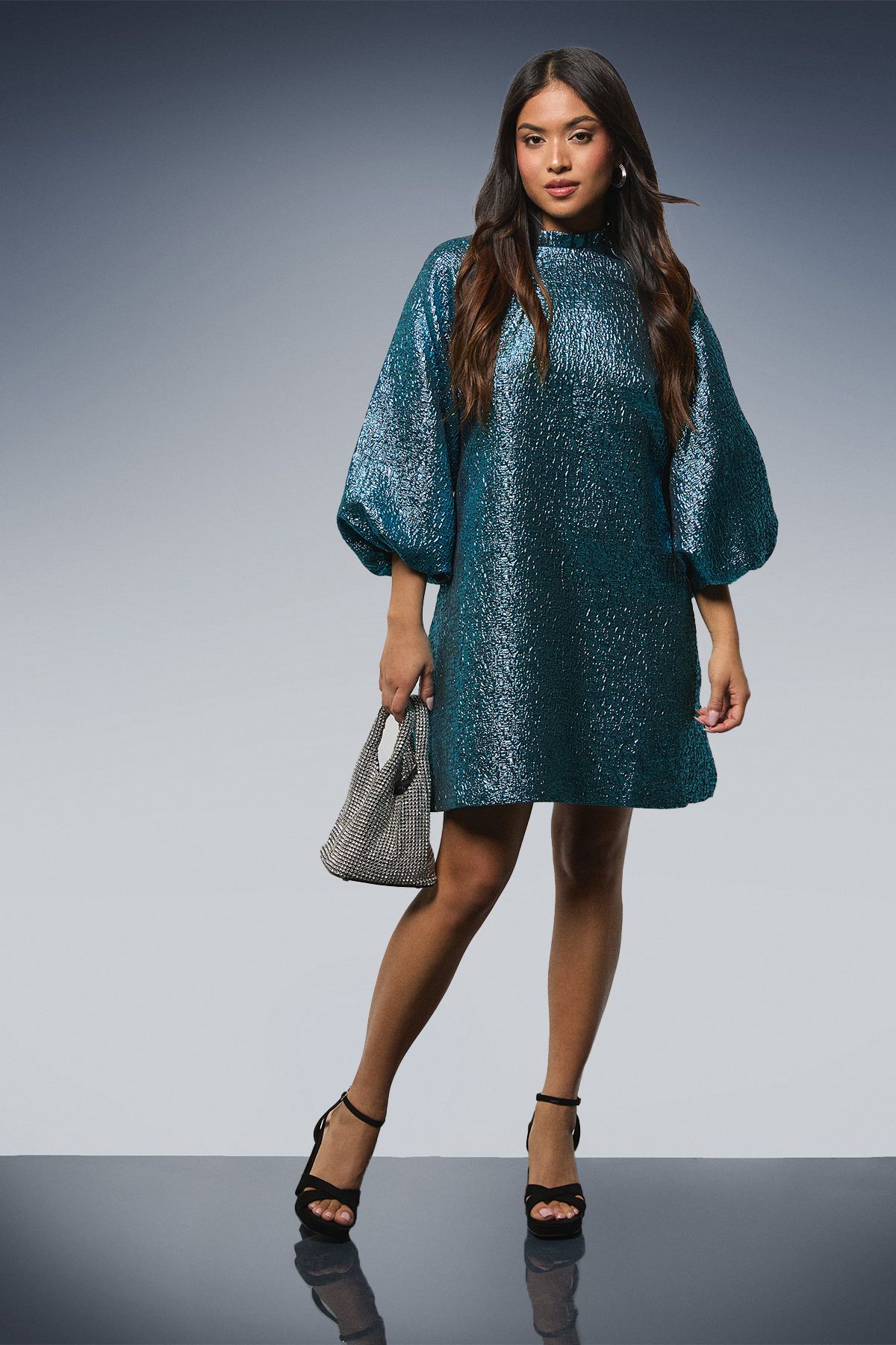 Dorothy Perkins Petite DP Luxe Metallic Jacquard Blouson Sleeve Mini Dress Blue image 1