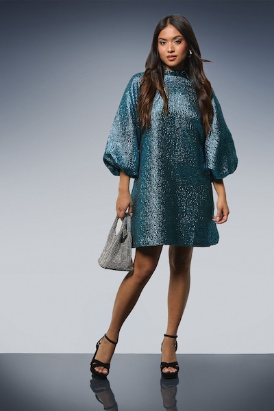 Dorothy Perkins Petite DP Luxe Metallic Jacquard Blouson Sleeve Mini Dress Blue