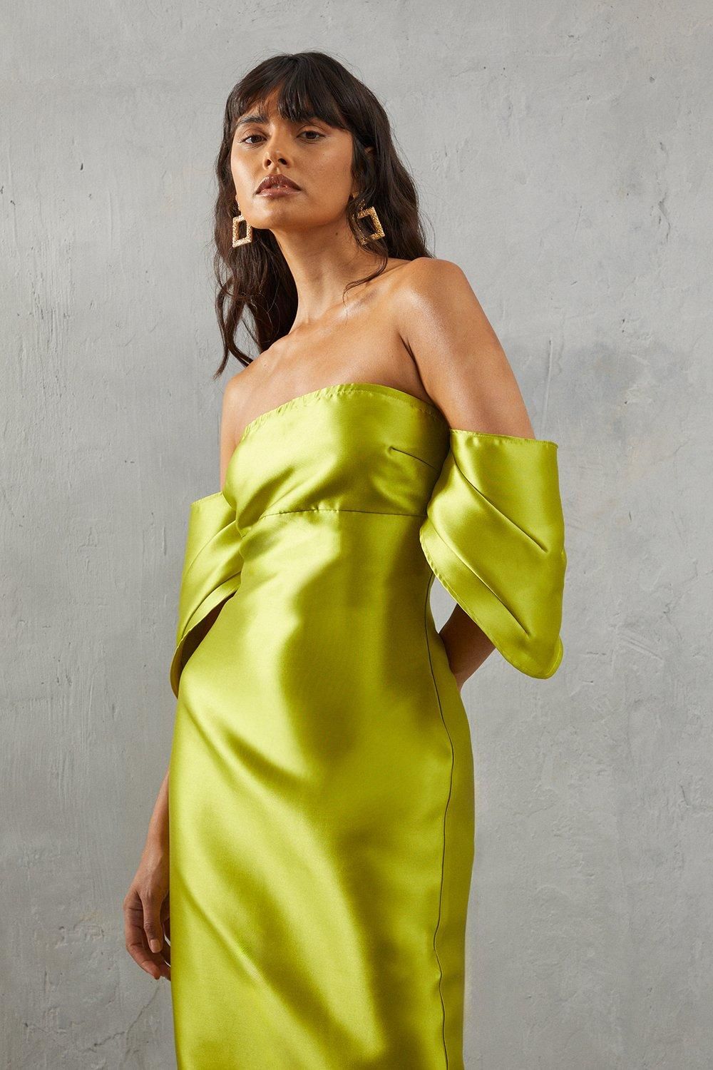 Warehouse Structured Puff Sleeve Bardot Midi Dress Chartreuse image 2