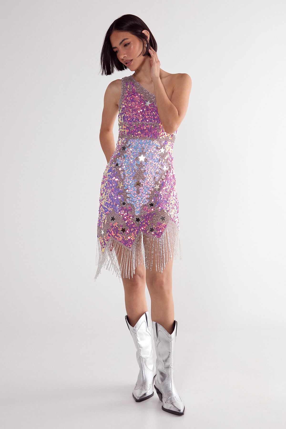 NastyGal Star Sequin Tassel One Shoulder Mini Dress Pink image 1