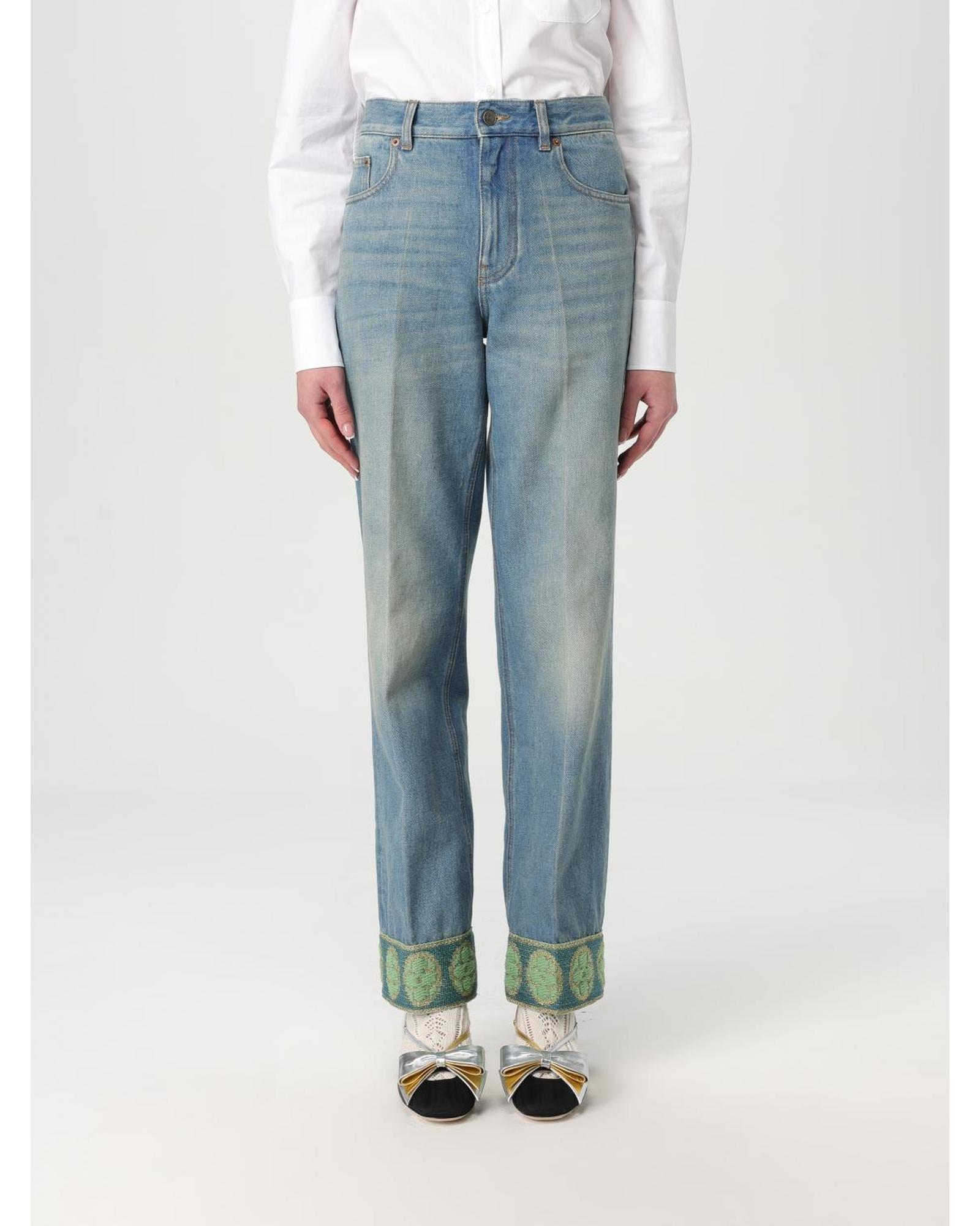 Valentino Straight Leg Jeans Embroidered Cuffs Wo - Blue