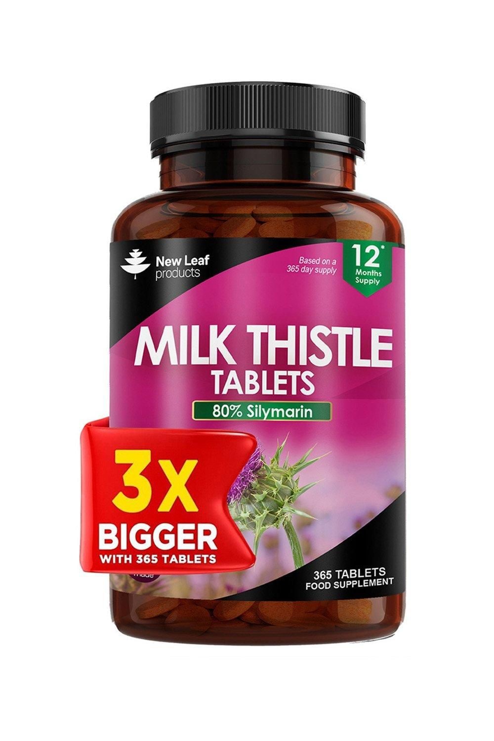 New leaf health Milk Thistle Tablets - 80% Silymarin High Strength – Value Pack 365 Tablets One A Day Milk Thistle Supplements - Vegan, GMO-Free, Gluten-Free, Made in The UK, Food Supplement image 1