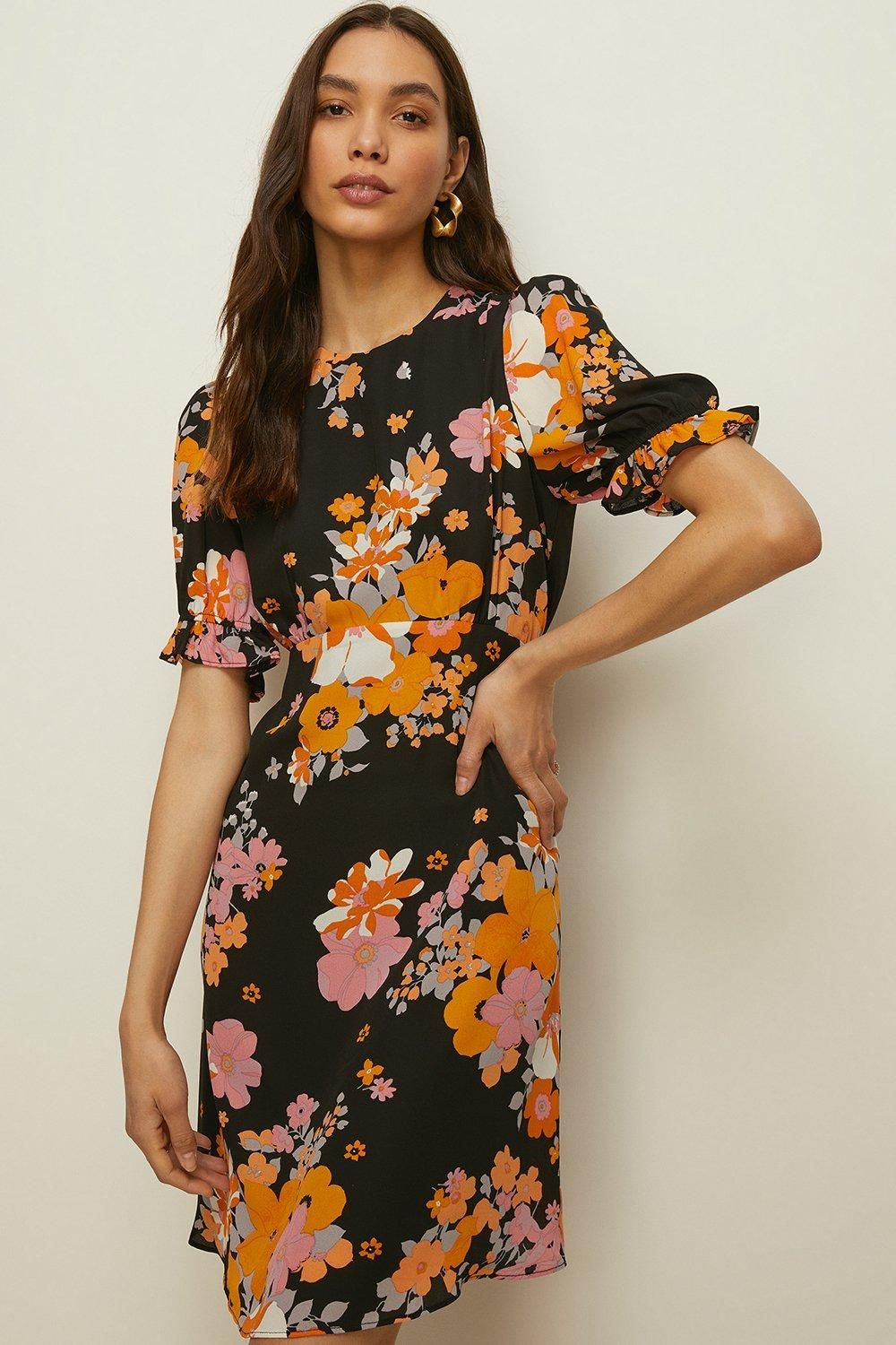Oasis Vibrant Floral Puff Sleeve Skater Tea Dress Multi