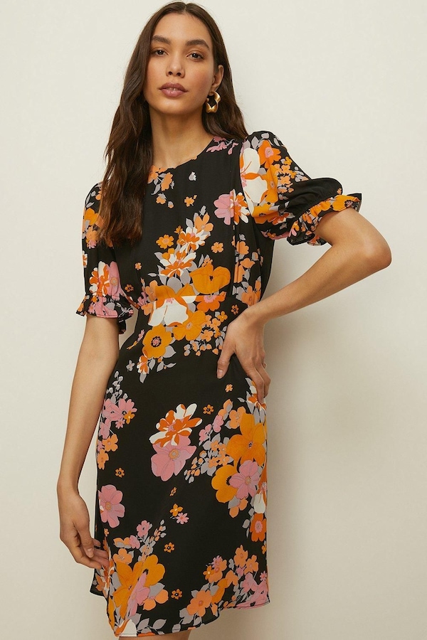 Oasis Vibrant Floral Puff Sleeve Skater Tea Dress Multi