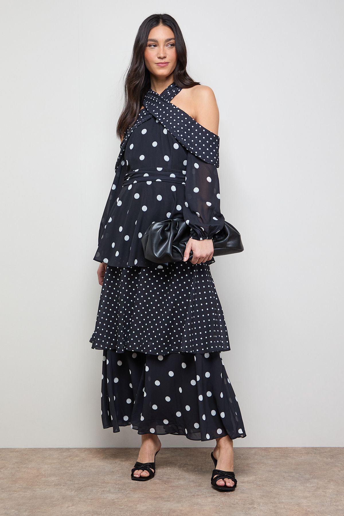 Oasis Printed Halterneck Off The Shoulder Tiered Maxi Dress Multi image 1