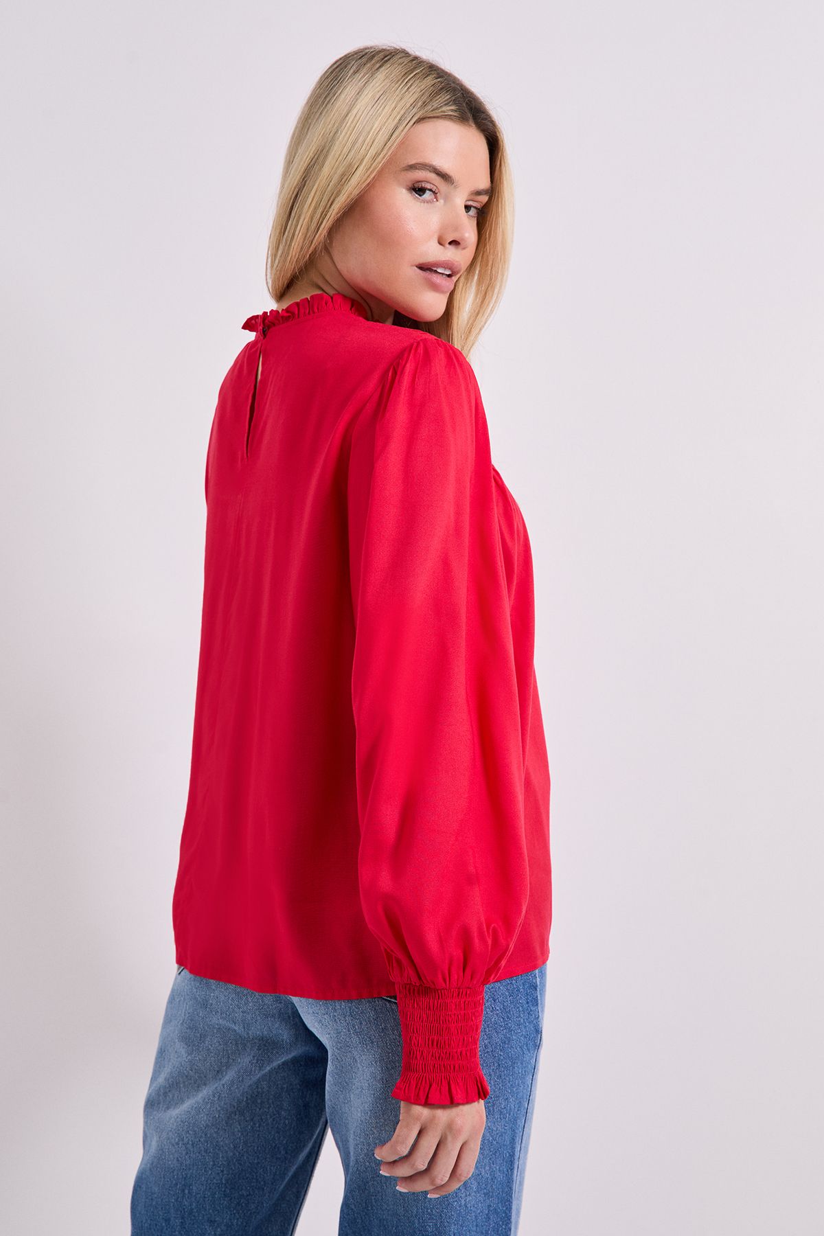 Dorothy Perkins Contrast Stitching Shirred Yoke Long Sleeve Blouse Berry image 3