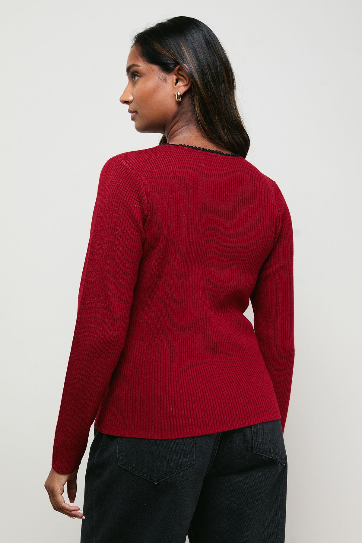 Oasis Contrast Lace V Neck Knitted Top Wine image 3