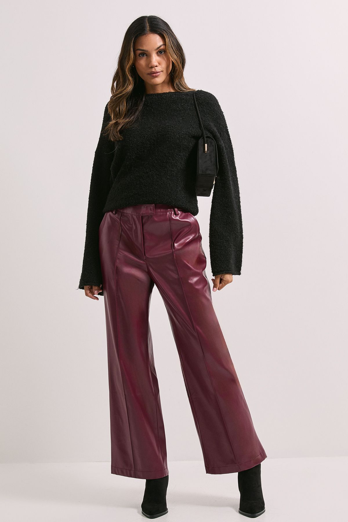 Dorothy Perkins Faux Leather Wide Leg Trousers Burgundy image 2