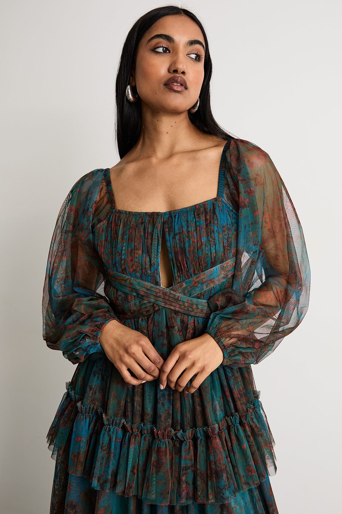 Warehouse Abstract Print Cut Out Gathered Tulle Maxi Dress With Tiers Blue image 2