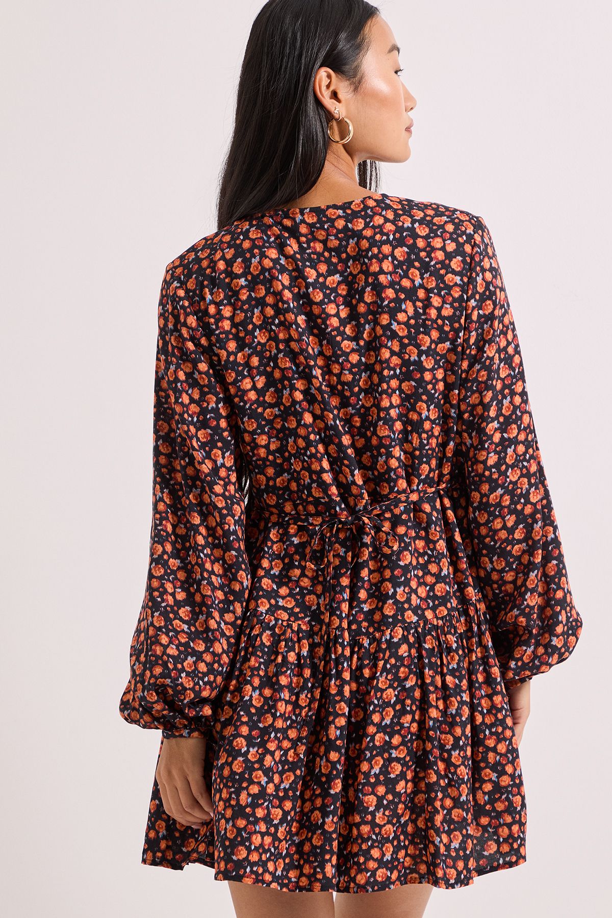 Dorothy Perkins Orange Ditsy Print Dropped Seam Detail Wrap Front Mini Dress Orange image 3