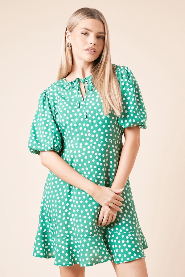 Dorothy Perkins Green Spot Tie Front Puff Sleeve Mini Dress Green