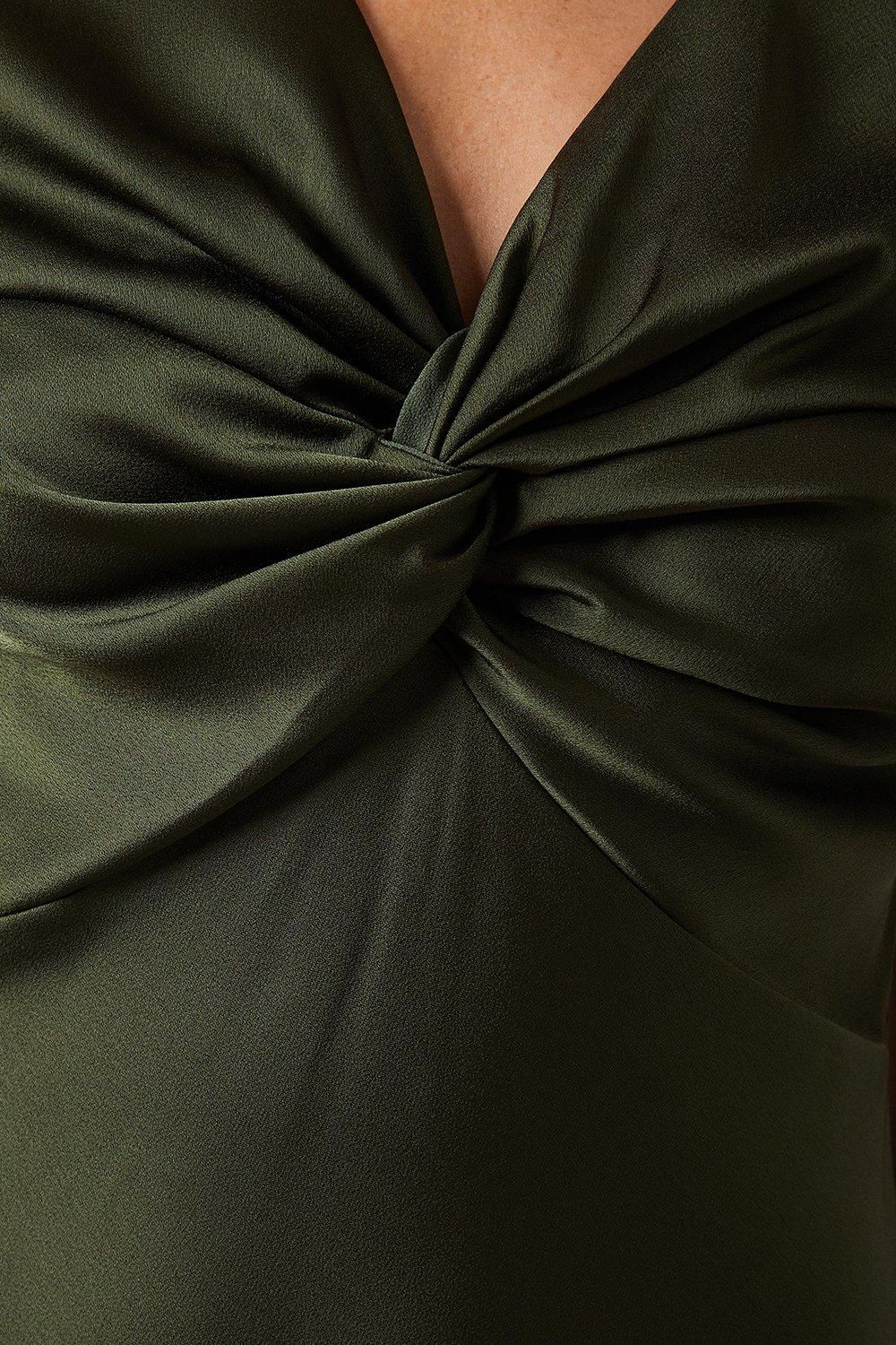 Oasis Satin Twist Front Angel Sleeve Midi Bridesmaid Dress Olive image 5