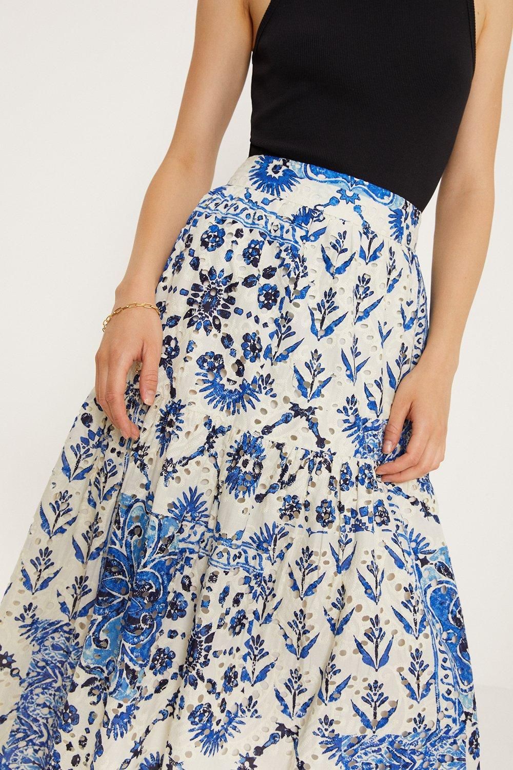 Oasis Blue Printed Broderie Tiered Midi Skirt Blue image 4