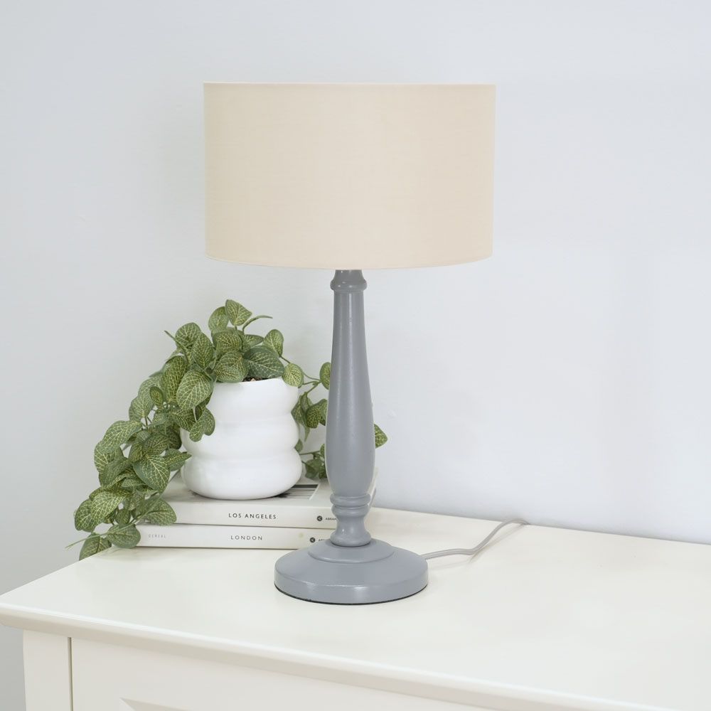 ValueLights Victoria Grey Wood Traditional Table Lamp with Fabric Drum Shade image 3
