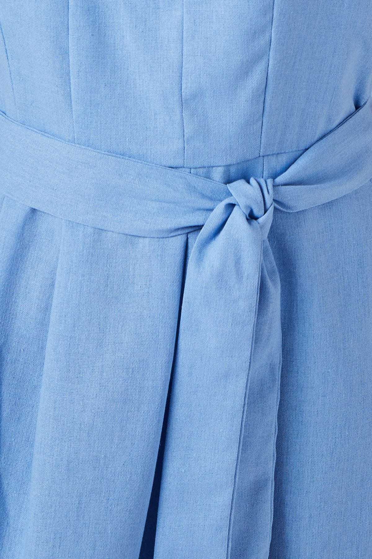 Principles Blue Square Neck Belted Linen Midi Dress Blue image 5