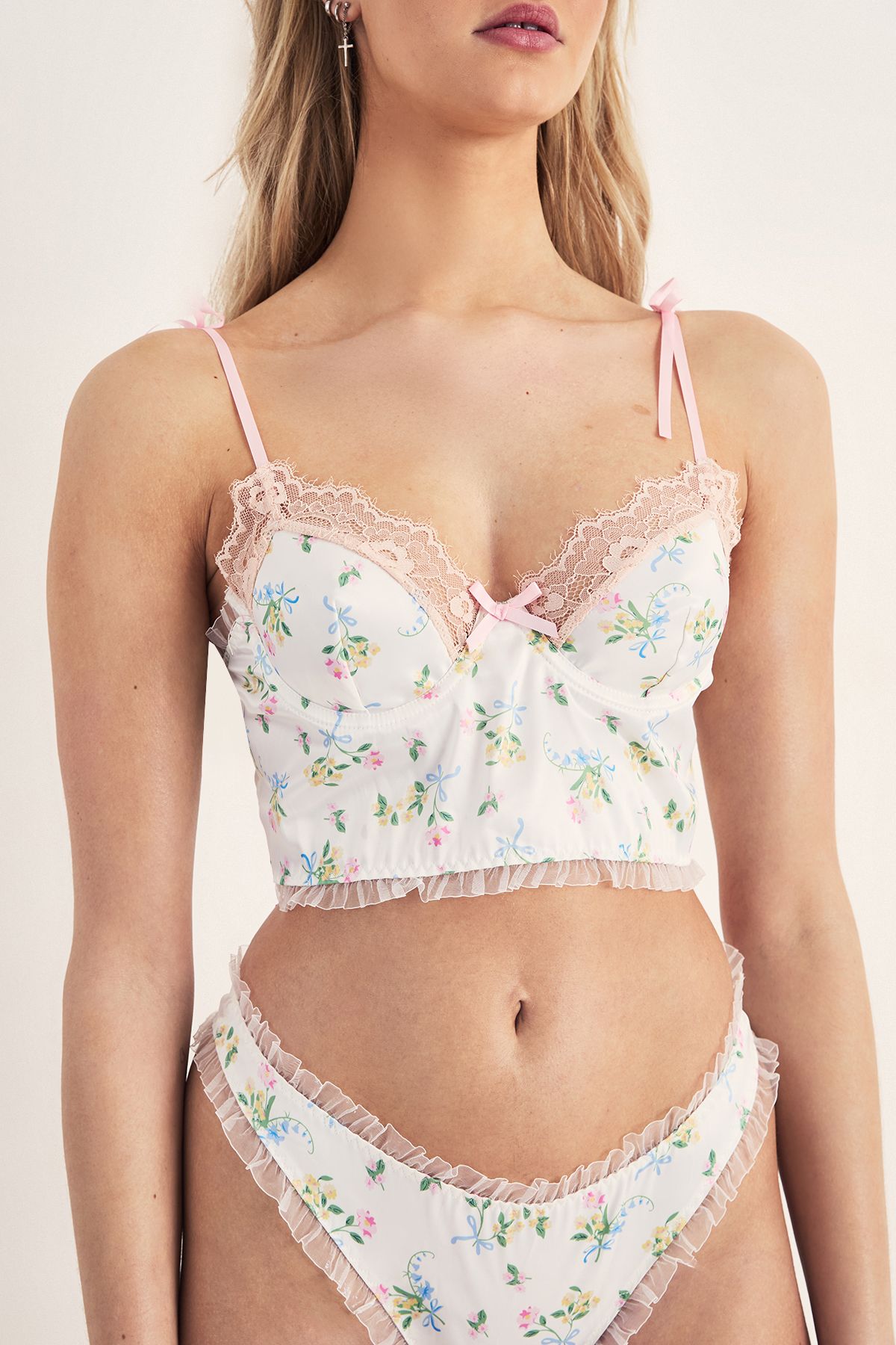 NastyGal Satin Floral Lace Trim Corset Lingerie Set White image 2