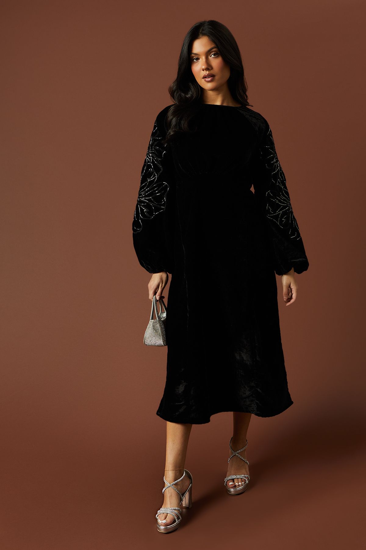 Oasis Occasion Velvet Embroidered Midi Dress Black image 1