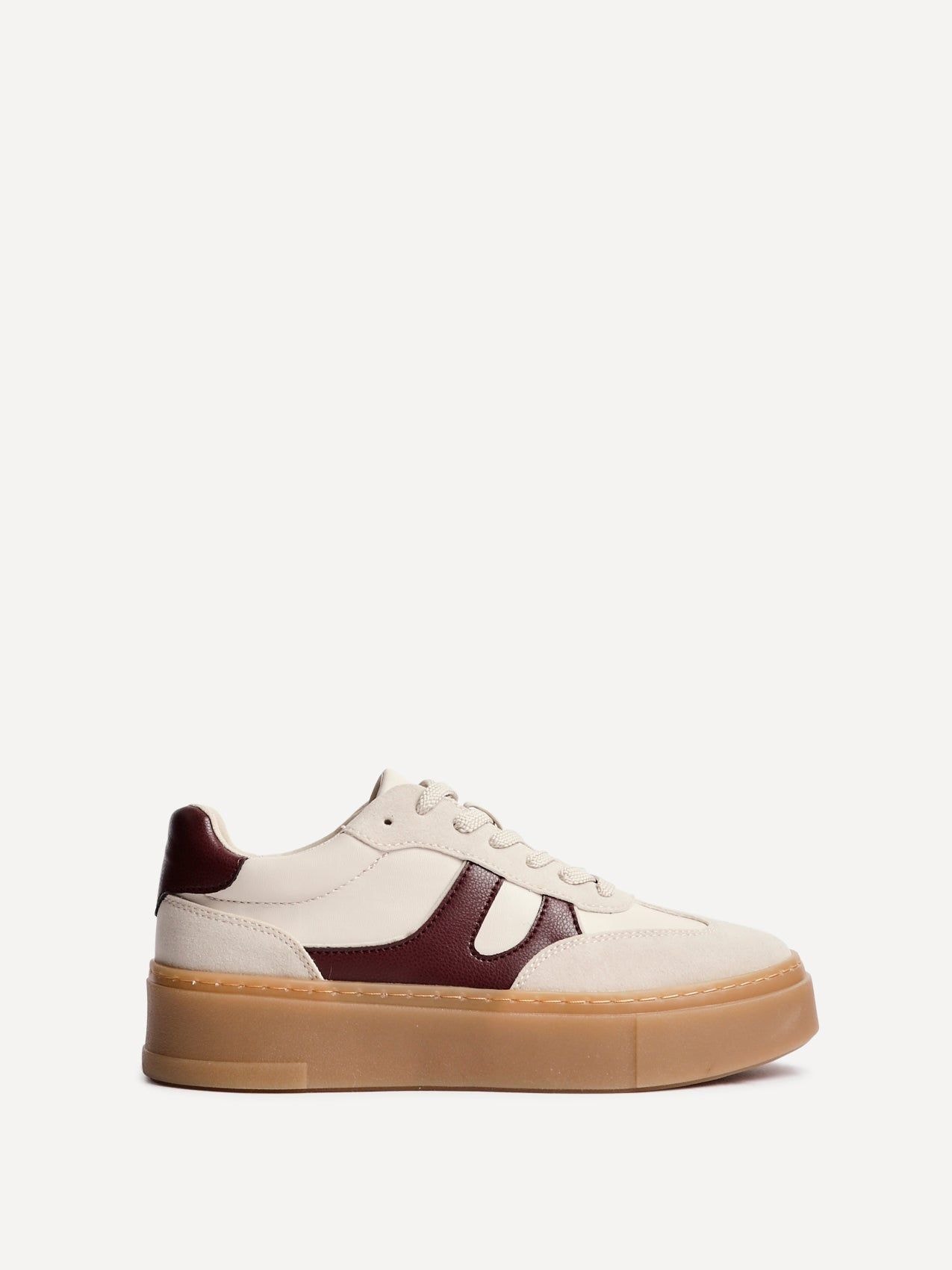 Linzi Kaia Nude and Burgundy Faux Leather Trainers