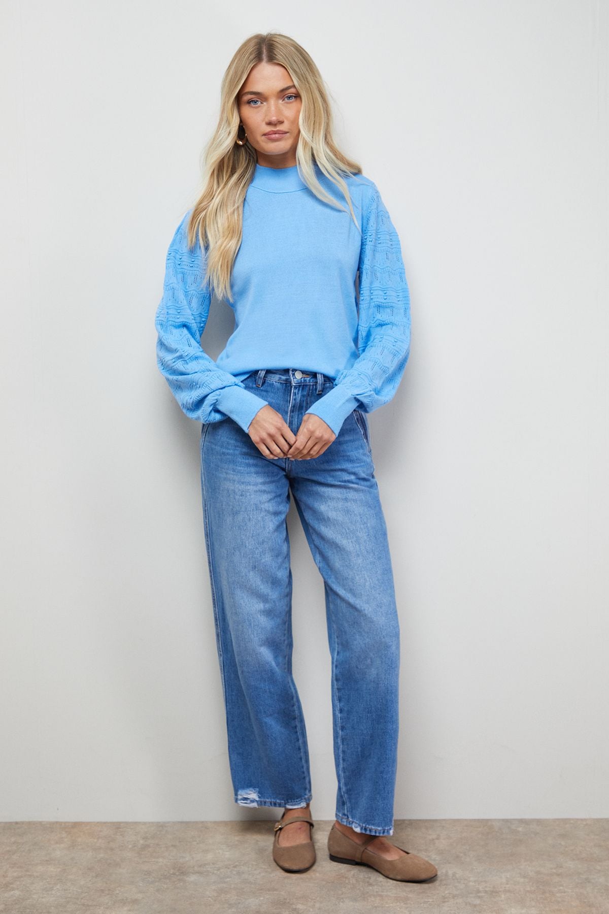 Oasis High Neck Stitchy Sleeve Jumper Baby Blue image 2