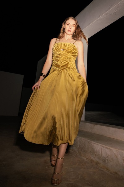 Coast Pleated Peplum Strappy Satin Dress Olive