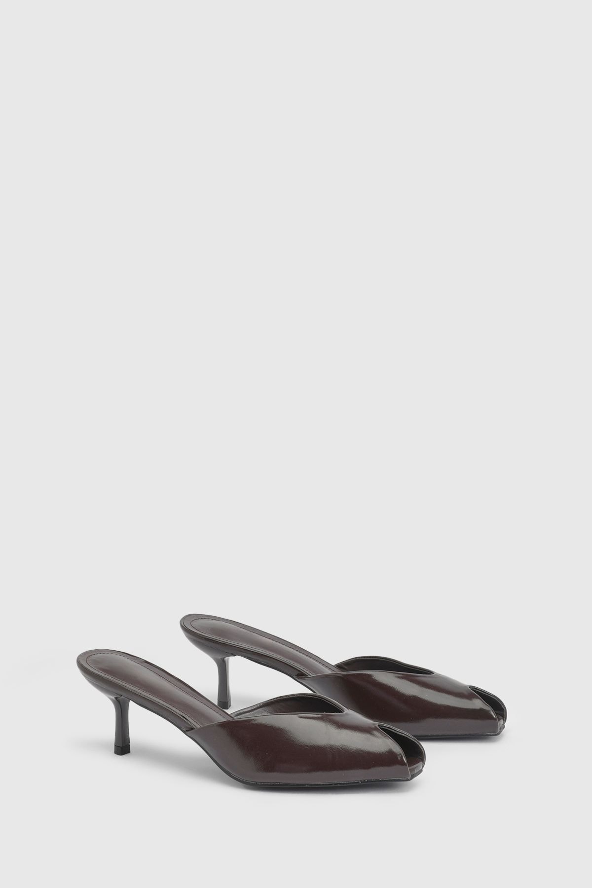 MissPap Brown Faux Leather Mid Stiletto Heel Peep Toe Mules Brown