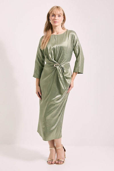 Principles Buckle Detail Twist Front Satin Jacquard Midi Dress Olive
